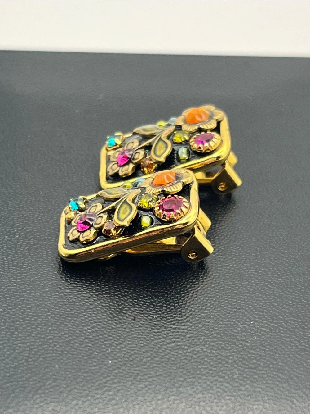 Michal Golan Midnight Garden enamel rhinestone rectangle clip on earrings flower